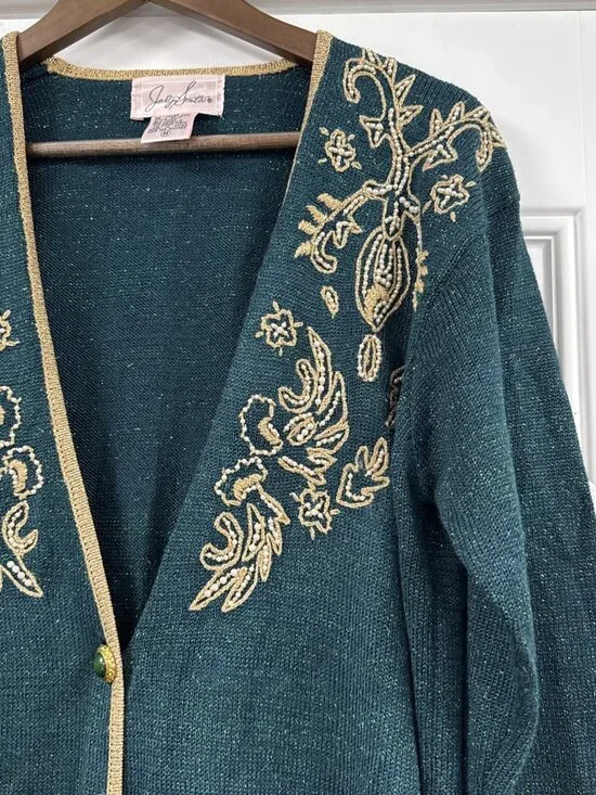 Vintage Jaclyn Smith Green Metallic Beaded Embroidered Floral Cardigan Sweater M - Picture 8 of 13